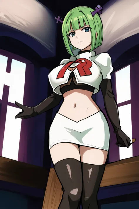 brandish, 1girl, solo, looking at viewer, simple background, cleavage, anime coloring, team rocket,team rocket uniform,white skirt,red letter R,crop top,black thigh-highs,black elbow gloves, 