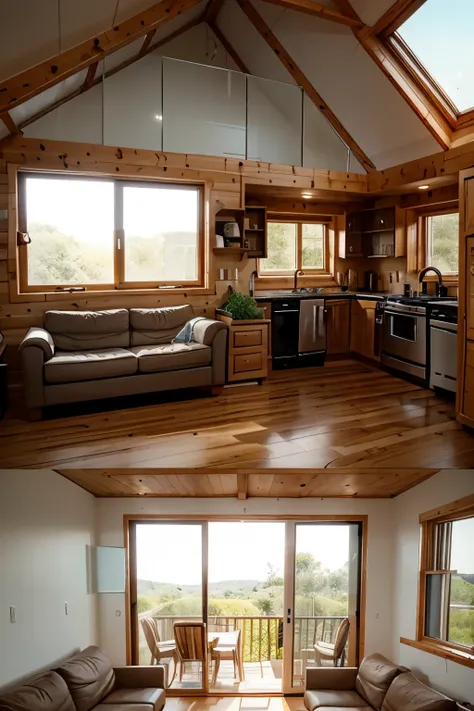 create a tiny house with 2 floors, first floor with living room and kitchen, and bedroom at second floor.  Glass window on the top with natural light to light up the room.