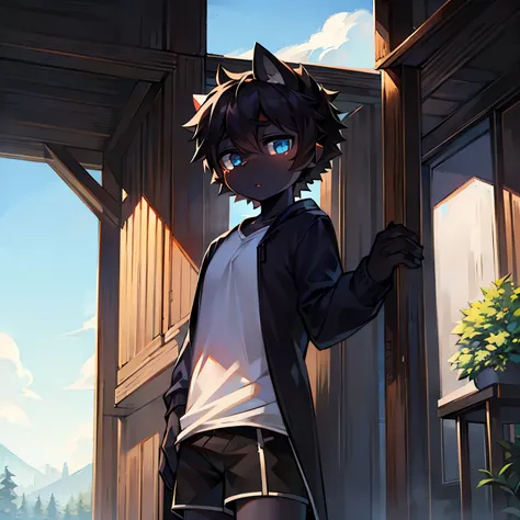 Bright outside，Goat Boy，goat horns，male focus，furry men，furry，Furry Shota，One meter six height，black hair，black skin，Bright Eyes，blue pupils，long sleeve coat，t-shirt，shorts