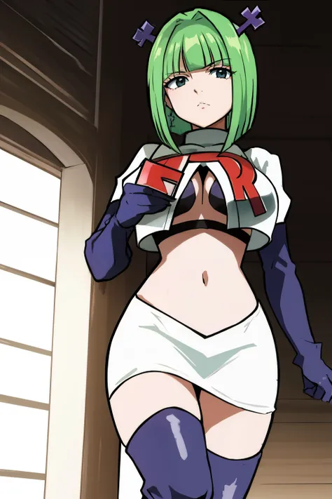 brandish, 1girl, solo, looking at viewer, simple background, cleavage, anime coloring, team rocket,team rocket uniform,white skirt,red letter R,crop top,black thigh-highs,black elbow gloves, 