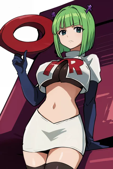 brandish, 1girl, solo, looking at viewer, simple background, cleavage, anime coloring, team rocket,team rocket uniform,white ski...