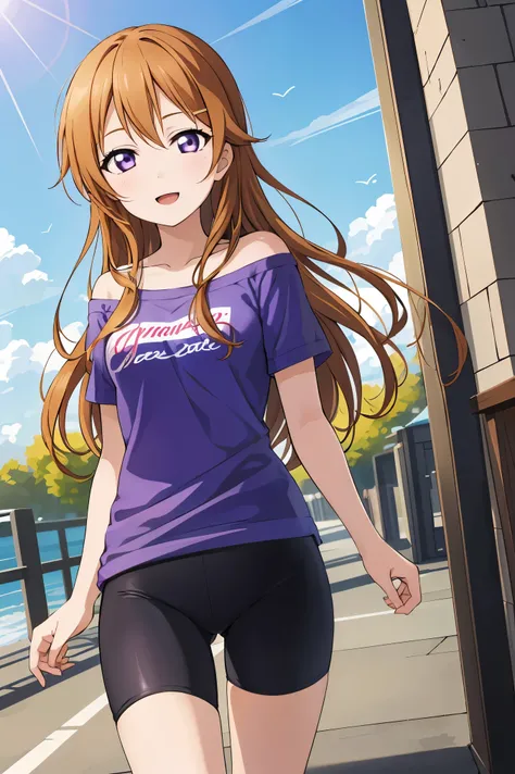 (best quality, masterpiece:1.2), (1girl, solo:1.2), cute, smile,  detailed background, (looking at viewer, solo focus:1.2), light on face, sky, blue sky, cowboy shot, sunlight, lens flare, depth of field, scenery, open mouth,
Kanata konoe, long hair, purpl...