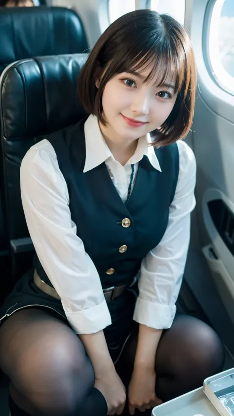 (highest quality,masterpiece:1.3,ultra high resolution),(Super detailed,caustics,8k),(photorealistic:1.4,RAW shooting),25 years old,Japanese,cute,stewardess,black short hair,tights,look up at the camera with a smile,big ,squatting position,inside the plane...