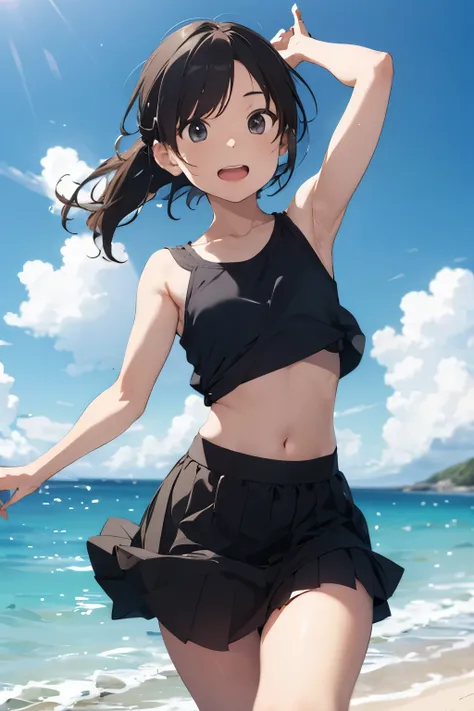 Man wearing a skirt and a small top in a beach danccing happy