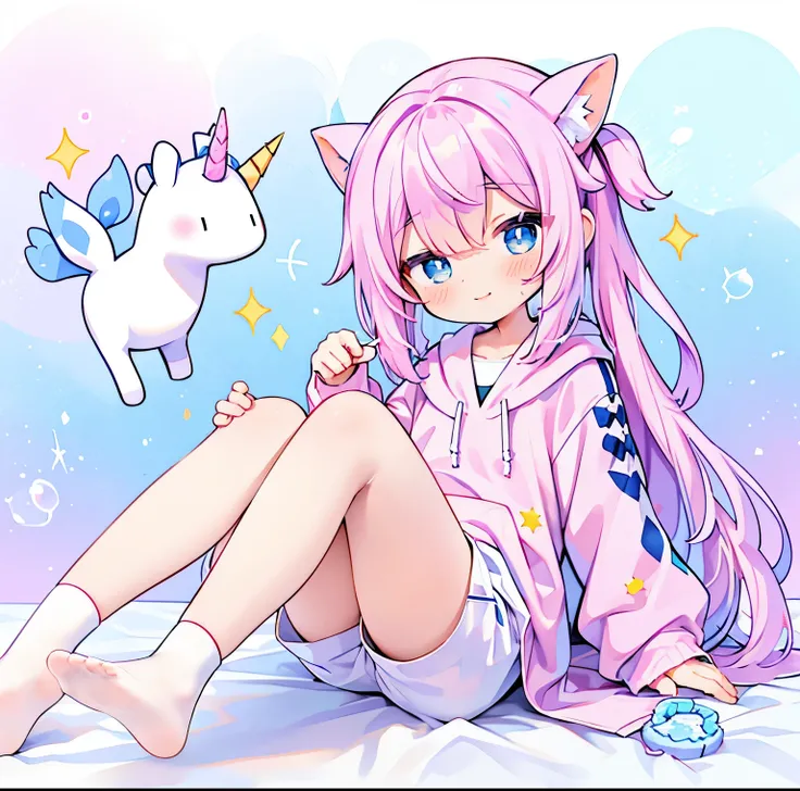 unicorn girl、white and pink and purple、pastel colour、dreamのような、Fluffy、small star、colorful hair、white and pink and purpleの髪、wavy hair、thin hair、Light blue eyes、star mark under the eye、Sparkling、Detailed decoration、oversized hoodie、dream、unicorn、pop backgrou...