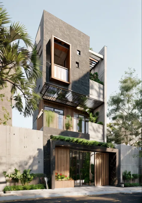 townhouse in city, (sharp focus) front view of townhouse in style of modern, vietnamese architecture, east asian architecture, t...