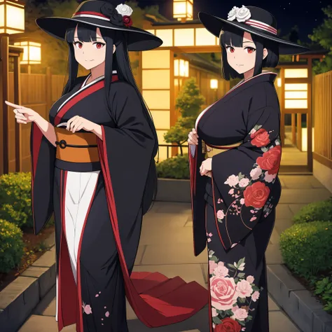 a woman in a kimono black , wearing a hat, in a Japanese garden at night, black hair, red eyes,
