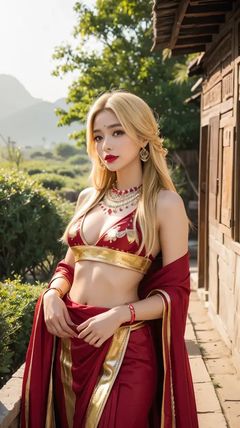 beautiful girl, american makeup, american girl, red lips, blonde hair, sexy indian costume, indian village landscape,