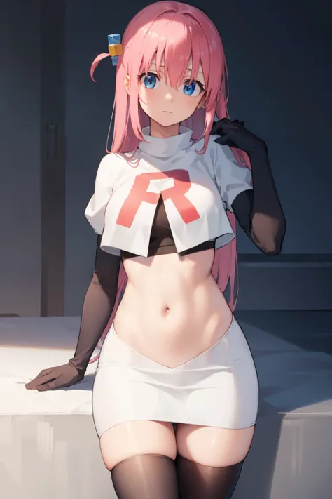 hitorigotou, hitori gotou, blue eyes, cube hair ornament, hair between eyes, hair ornament, pink hair, one side up, long hair,
BREAK team rocket,team rocket uniform,white skirt,red letter R,crop top,black thigh-highs,black elbow gloves,
BREAK looking at vi...