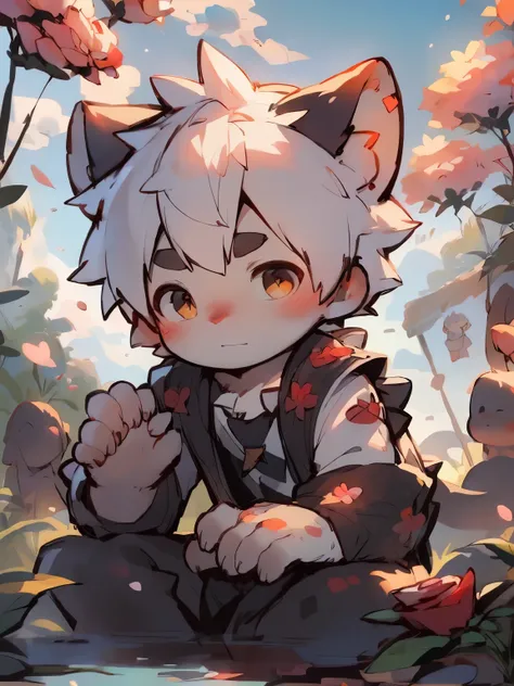 A little boy in a beautiful and enchanting landscape，Stand under the cherry blossom trees, Popular topics on artstation pixiv, Gurwitz style artwork, Very handsome， Guviz, guweiz on artstation pixiv, young male human dragon，red scales，White hair，long dista...