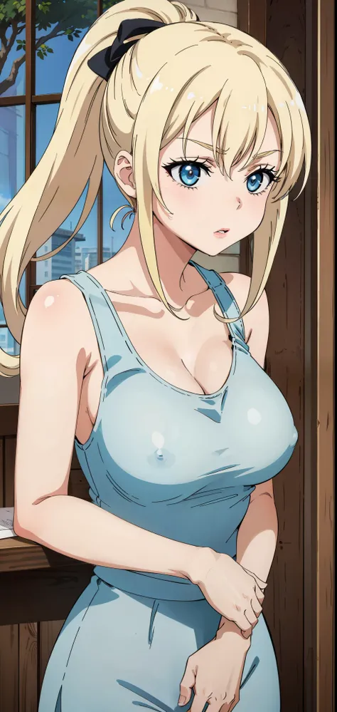 Seina Kashiwazaki, 1girl in, a blond, ponytail, (medium breast), cropped tank top, cum on face, detailed. 