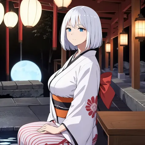 a woman in kimono white, in a japanese at night, hair white, eye blue.
