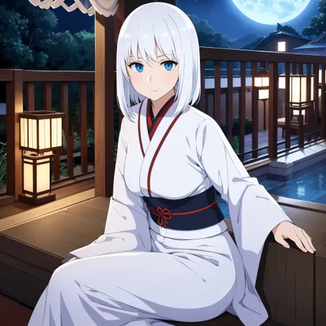 a woman with white kimono and blue details, white hair, faint blue eyes, on a Japanese balcony at night
