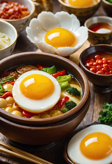 best quality,actual,ultra-detailed,high resolution,(Chinese egg feast,traditional,detailed:1.1),bright colors,studio lighting,portrait,Bokeh,delicious food,Carefully crafted condiments,steaming hot,There are many ways to cook eggs,Rich broth,fresh ingredie...