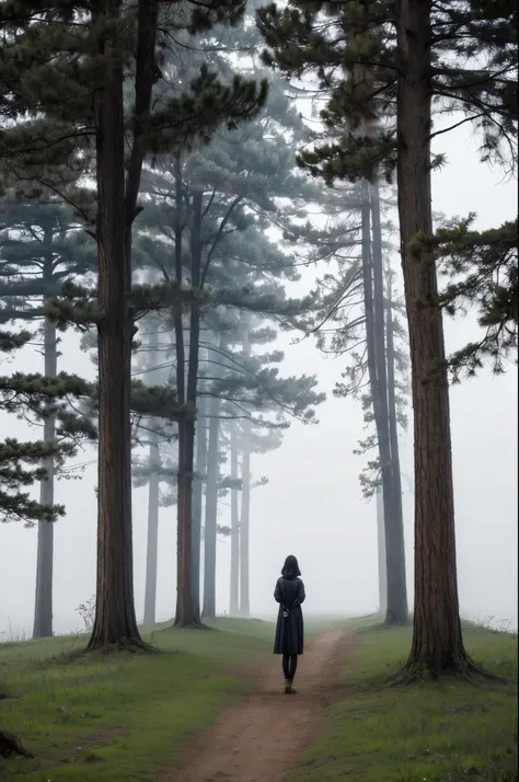 Midjourney style, The tree of life. Big tall majestic. Standing in the fog and mist with smaller trees waiting to be discovered. A  young woman stands by its base mesmerized by its sheer size uncertain about her future