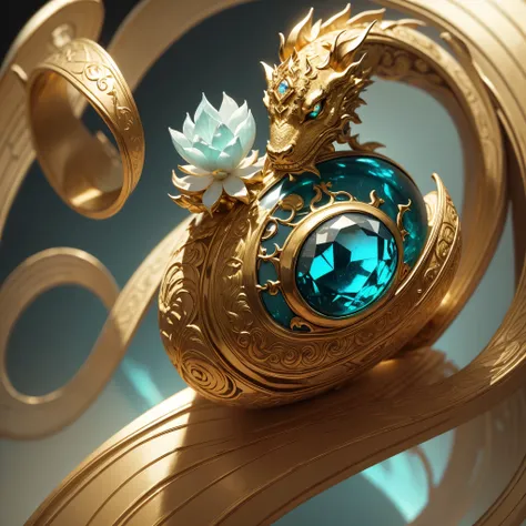 masterpiece，highest quality，(Nothing but the ring)，(No Man),The ring is shaped like a Chinese dragon，Enveloping you from beginning to end，delicate gold ring，luster，inverted image，shining blue-green gem，Elegant and noble,simple background