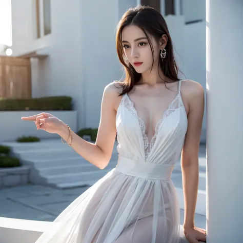 ((top quality、8k、​Masterpiece:1.3))、Extremely delicate and beautiful girl，full-body shot，huge breasts，bigger breasts，amazing breast size，H cup，Gorgeous long dress，sunset，sunset。Wear big earrings，Very white skin，moist red lips，Waist is very thin，Thighs are ...