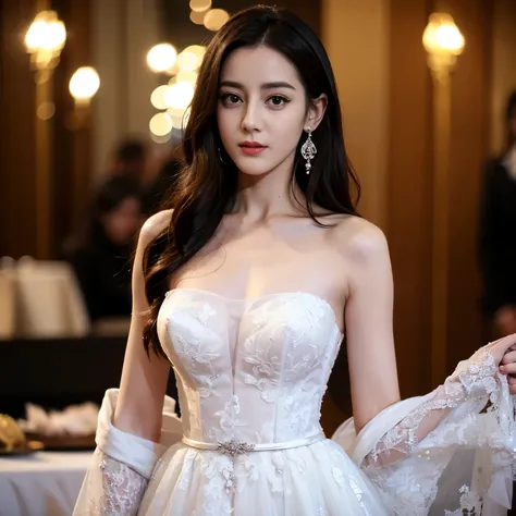 ((top quality、8k、​Masterpiece:1.3))、Extremely delicate and beautiful girl，full-body shot，huge breasts，bigger breasts，amazing breast size，H cup，Gorgeous strapless gown。Wear big earrings，Very white skin，moist red lips，Waist is very thin，Thighs are very thin，...