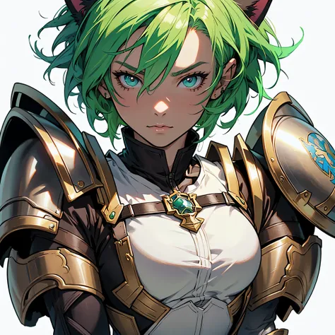 medieval anime art, masterpiece, best quality, by professional artist, female, solo, upper body portrait, detailed composition, detailed eyes, (((white background))), neon green hair, ((short hair)), cat ears, brown eyes, wearing silver heavy armor