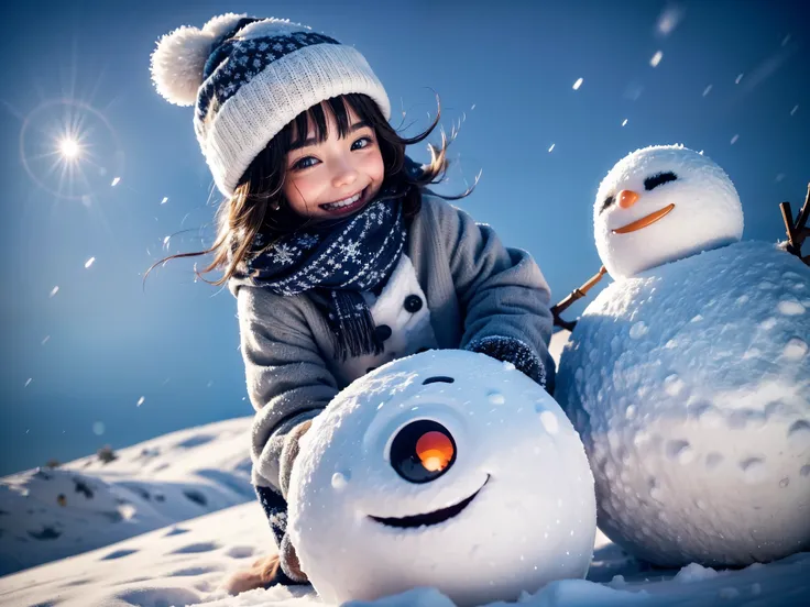best quality,highres,extremely detailed eyes and face,beautiful detailed eyes,beautiful detailed lips,long eyelashes,1girl,cute smile,wearing a warm winter coat,playing in snow,building a snowman,happy expression,rosy cheeks,soft and fluffy snow,playful in...