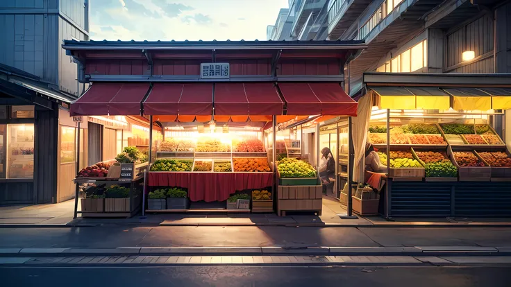 façade, front, outdoor, fruit market novel style, renpy, large environment, no people, single location, anime, scenery, horizontal view