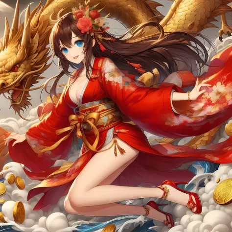 A woman in a red kimono is flying in the clouds, dragon girl, Beautiful charming anime woman, anime goddess, author：Yang Jie, japanese goddess, Extremely detailed Artgerm, pixiv contest winners, Animation Art Wallpaper 8k, anime style 4k, Onmyoji Detailed ...