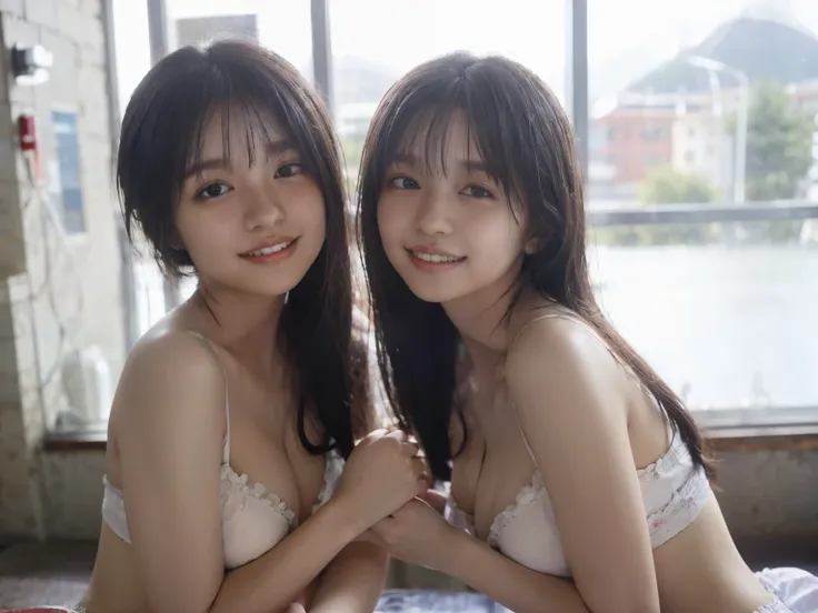 identical twin sisters、(8k, RAW photo, highest quality, masterpiece: 1.2), Super detailed, super resolution, (realistic, real photo: 1.37), (photorealistic: 1.6), Eating lunch on the school rooftop. , fantastic scenery, Cute lunch box, school rooftop, Lunc...