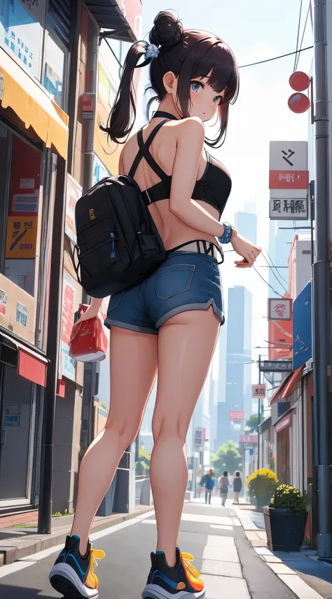 (best quality), 1 girl, ultra-detailed, illustration, yang guifei, city street, standing, (view from behind), short shorts, snea...