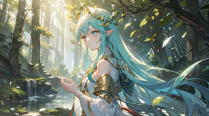 (best quality, 4k, highres, masterpiece:1.2), ultra-detailed, realistic, enchanted forest, dreamy atmosphere, ruins, ancient, 18 year-old girl in the bright forest, ethereal, moss-covered trees, soft sunlight filtering through the leaves, golden rays of li...