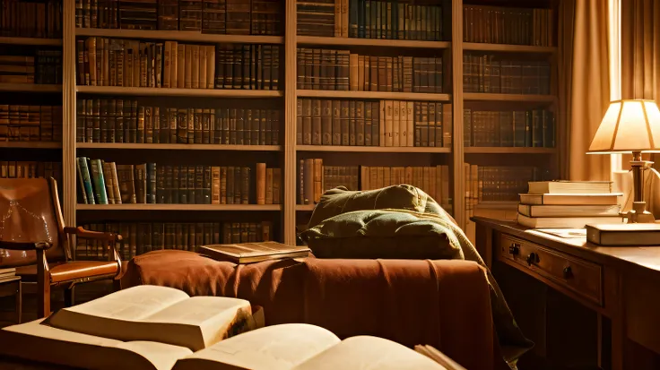 Bible、study、lots of books、stylish room、warm light、night、High resolution