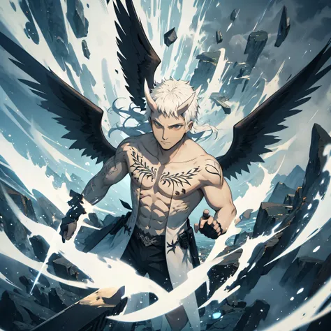 35-year-old male, dark-skinned, tattoos, white hair, horns, large black angel wings, flying through the sky, black feathers fall...