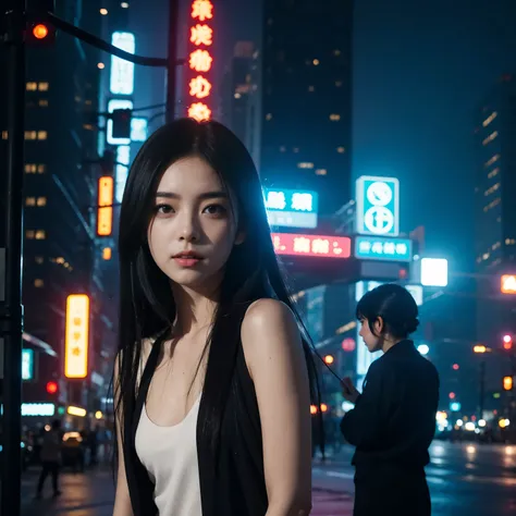 In this cyberpunk future street scene，The one in black，Beautiful woman with perfect body，In addition to her charming figure，What&#39;What&#39;s more striking is her face。Her face seemed to contrast sharply with her surroundings，her eyes are very clear，It s...