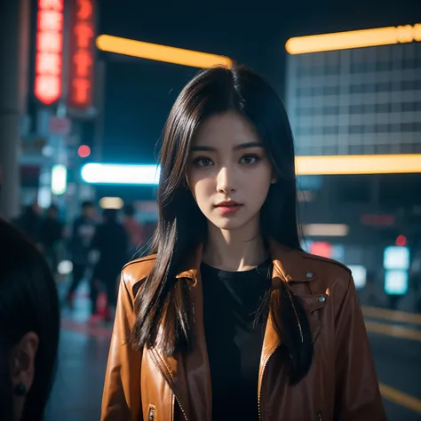 In this cyberpunk future street scene，The one in black，Beautiful woman with perfect body，In addition to her charming figure，What&#39;What&#39;s more striking is her face。Her face seemed to contrast sharply with her surroundings，her eyes are very clear，It s...