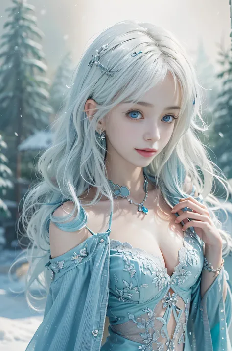 (photorealistic:1.8, highest quality:1.8,8K masterpiece:1.8,High resolution,muste piece:1.8),A 23-year-old woman standing on a snow mountain,fantasy,(tight mini dress、Transparent Shawl、Elegant earrings、choker), beautiful detailed blue eyes:1.7,double eyeli...