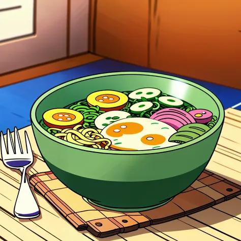 up close shot of a delicious disgusting bowl of ramen on a kitchen table, 2 ramen bowls, detailed illustration, cartoon, in the ...