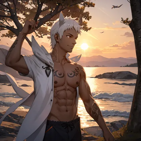 35-year-old male, dark-skinned, tattoos, white hair, horns, leaning against a tree, watching the sunset, smile, faint smile, wind blowing, leaning on tree, looking away from viewer