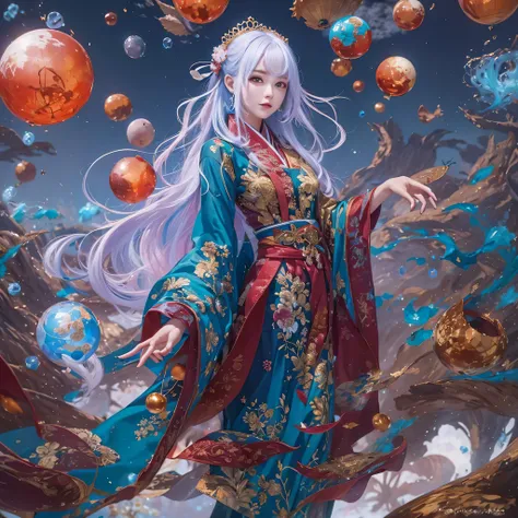 黄 blue colors，enamel，agate，A flesh-colored world，Blood Blue Maiden 32k（masterpiece，HD，Aoyama Pond，Ultra high quality，32k）long flowing bright blue hair，blood pool，Ziddink， a color，Grumpy （After greeting）， （Linen scarf）， fighting stance， looking at the groun...