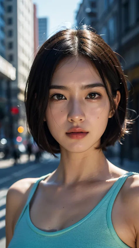 dressed, (photo realistic:1.4), (hyper realistic:1.4), (realistic:1.3), (smoother lighting:1.05), (Improve the quality of movie lighting:0.9), 32K, 1 girl,20 year old girl, realistic lighting, in the city, light shines on your face, ray tracing, (bright li...