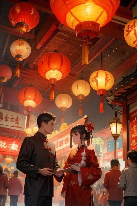 Chinese New Year，Main street，festive atmosphere，lantern，firecracker