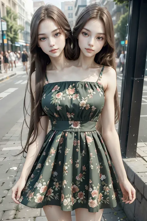 ((Best Quality, 8K, Masterpiece: 1.3)), 1girl, Slender Beauty: 1.3, (Long hair: 1.2), Floral dress, Long legs: 1.1, Super fine face, Fine eyes, Double eyelids, Outdoor, (two heads)