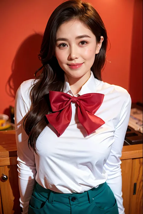 wearing white shirt、business attire、charming smile，colorful bow tie。