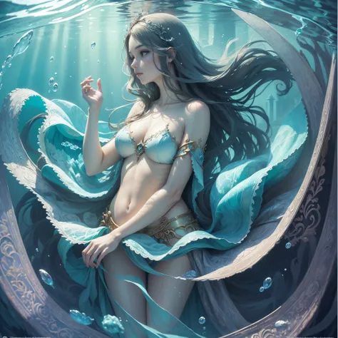 (Tranquil underwater palace, masterpiece, best quality), (a woman,,amazing,Beautifully,slender arms,full,mystery,long hair,black eyes),(Vivid watercolor painting, peaceful, flowing water, ethereal light), --auto--s2