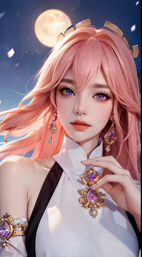 The Iceberg Queen is tall and tall、beautiful woman。She has pink hair，like ice in winter，Exudes a mysterious and icy aura。她的头发Soft and smooth，Clear as ice and snow，Each one exudes a faint pink light。Highly detailed face，Realistic and detailed skin，perfect a...