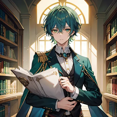 a male, curly, short hair, green hair, blue hair, librarian, gradient hair, golden eyes, with cross-shaped irises, tall, adult, in the fantasy library, dark fantasy, 1800s, upper body