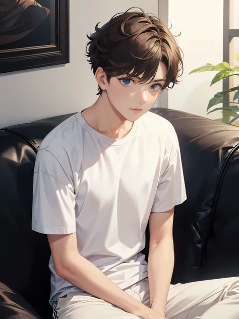 1boy,guy,Sitting in the living room,blue eyes, looking away, talking, morning,18 years old,Curly hair,medium hair,undercut hairstyle,light brown hair,Plain t-shirt, white t-shirt,black trousers,ultra detail, perfect face, hd face, detailed face, masterpiec...