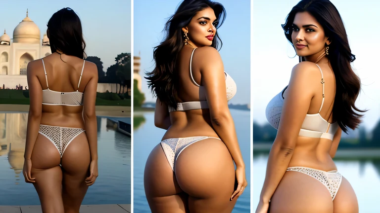 Agreeable, Plus size models, Indian princess in her 30s, my breasts are f cup, Very pretty, Standing in front of the Taj Mahal Lake, wearing a golden bra. She is prettier than Indian actress Deepika Padukone...... i have a big ass, This is a full body pict...