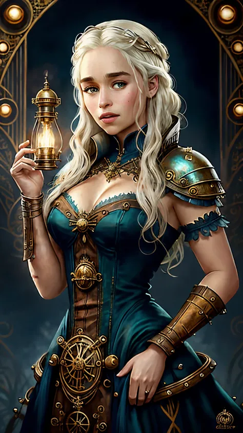 steampunkai, (emilia clarke) as daenerys targaryen, steampunk white locks, steampunk inticate blue dress, steampunk dragon mistr...