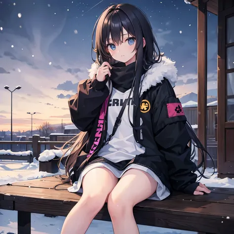 It&#39;s snowing in the background, one girl is sitting, long hair, messy hair, wearing baggy clothes, dark night, cold night, white breath, thin thighs