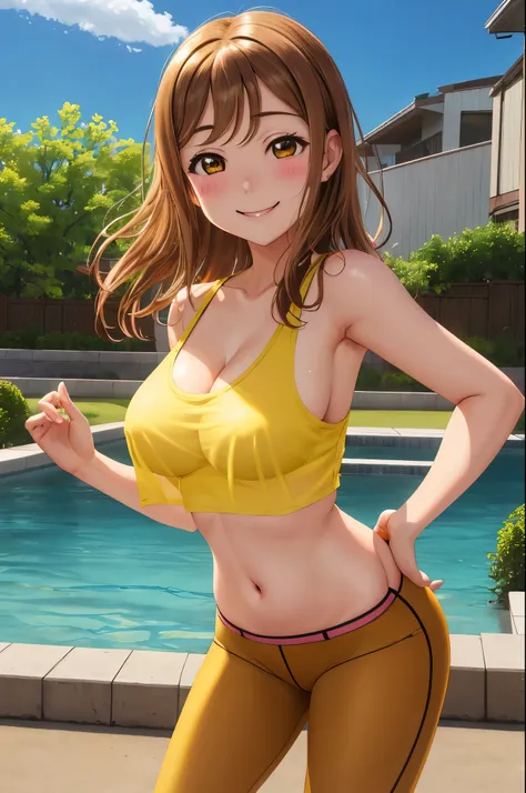 masterpiece, best quality, solo, cowboy shot,kunikida hanamaru, blushing , smile , yellow tank top,tank top is see through, navel, brown yoga pants , outdoor, standing,no bra , nipple ,chibi,big breasts 