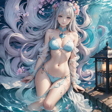 Anime girl in bikini sitting on the pier with lantern, Beautiful charming anime woman, White-haired God, Beautiful anime artwork, Beautiful fantasy anime, sea goddess, Beautiful anime woman, seductive anime girl, Anime fantasy artwork, anime goddess, beaut...